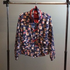 L Line-Up navy international travel stamp with golfers pattern jacket